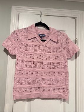 NWOT Freshman 1996 Size L Pink Pointelle Knit Sweater Polo Top Short Sleeve